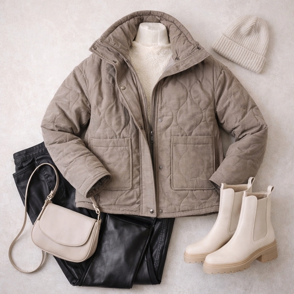 Be Cool Taupe Quilted Puffer Jacket S/M NWOT Utility Luxe Cozy Neutral Winter - Picture 3 of 10